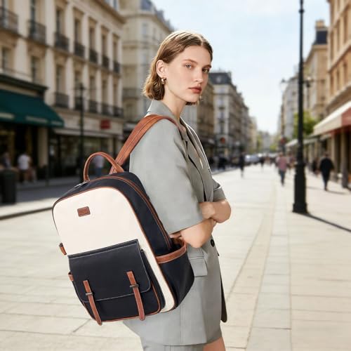 Vegan Leather Laptop Backpack for Women Designer 15.6 Inch PU Laptop Bag, Ladies Travel Computer Work Backpack - color: Beige Black Brown
