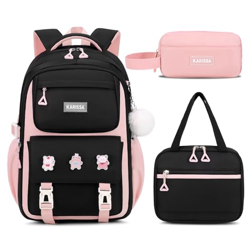 PIG PIG GIRL Girls Backpack, Kids Backpack for Girls with Anti-theft Back Pocket, Lightweight School Backpacks, Watrer Resistant, Bookbag for Elementary Primary School, Black Pink,3pcs - color: Black Pink 3pcs
