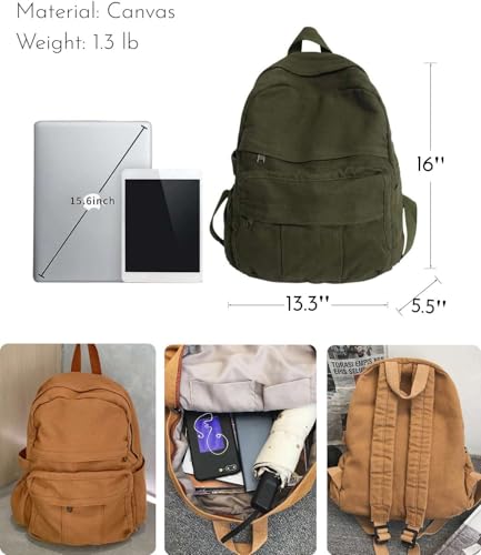 Military Green Canvas Backpack for Women & Men Retro Aesthetic Rucksack Basic Backpack for High School/College Students Travel Laptop Bag - color: Olive Green