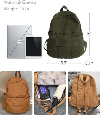 Military Green Canvas Backpack for Women & Men Retro Aesthetic Rucksack Basic Backpack for High School/College Students Travel Laptop Bag - color: Olive Green