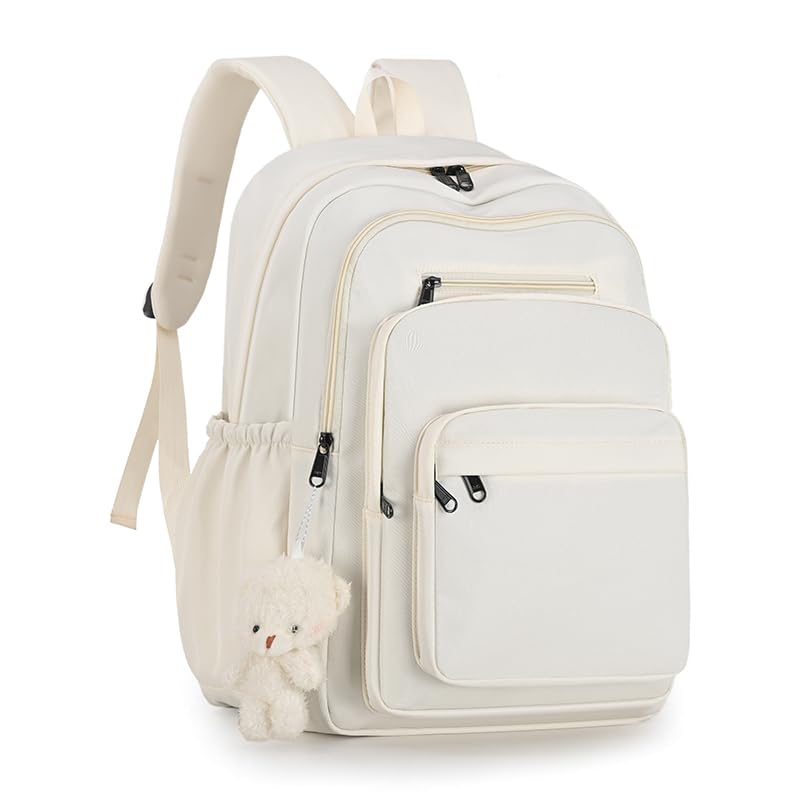 JARKJARD Cute School Backpack for Kids Teen Girls Aesthetic Lightweight Large Capacity Bookbag College Students School Bag Casual Travel Solid Color Daypack（White - color: White