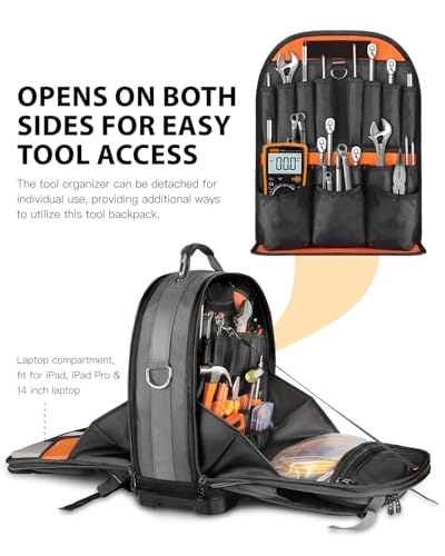 Heavy Duty Tool Backpack, 18-Inch Hard Shell Electrician Tool Bag, Full-Open Work Bag with Molded Base, Removable Tool Organizer, Laptop Compartment, HVAC Construction Backpack for Men, Grey - color: Grey
