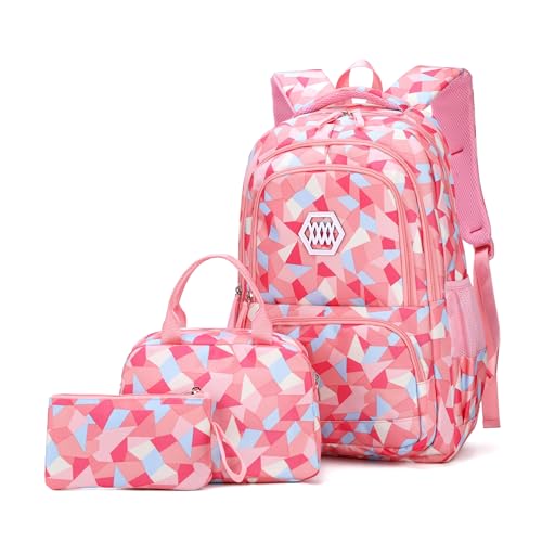 Bansusu 3Pcs Pink-a-3pcs Geometric Print Backpack and Lunch-Bag Set for Girls School Elementary Bookbags, 12.999.4418.89inch - color: 3pcs-pink-a, size: Small-A-3Pcs