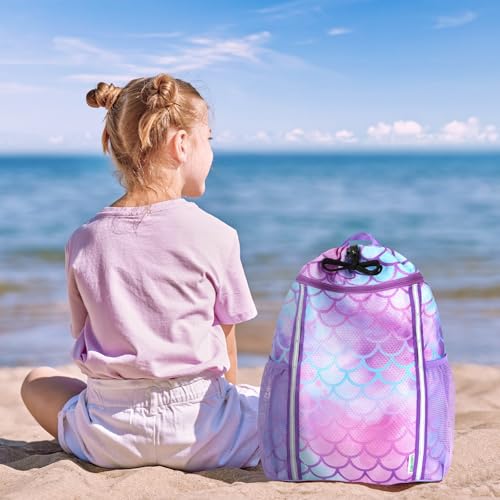 WAWSAM Kids Gym Drawstring Backpack String Bag, Mermaid Sports Gym Bag for Kids Girls Waterproof Swimming Beach String Cinch Backpack with Two Water Bottle Pocket - color: Mermaid