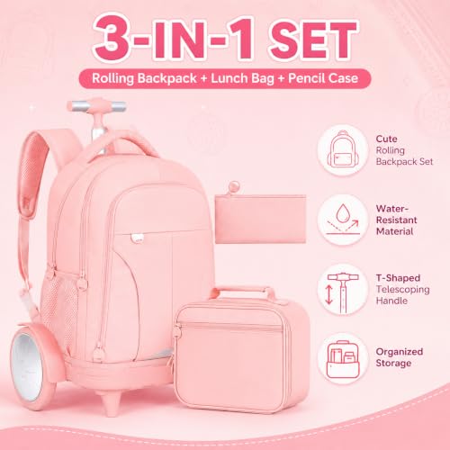 AGSDON Quiet Glide Rolling Backpack with Lunch Box Set - Large Wheel Water-Resistant Wheeled Bag for Business, Travel, and College | Blush Pink 3-in-1 Organizer Backpack - color: Reflective Pink - Rolling Backpack