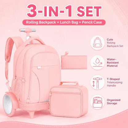AGSDON Quiet Glide Rolling Backpack with Lunch Box Set - Large Wheel Water-Resistant Wheeled Bag for Business, Travel, and College | Blush Pink 3-in-1 Organizer Backpack - color: Reflective Pink - Rolling Backpack