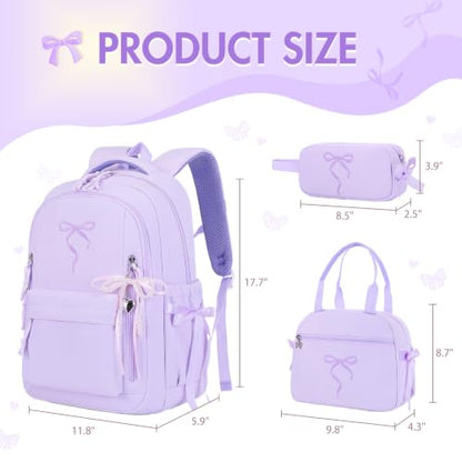 Kids Backpack for Girls - 3PCS Cute Embroidered Bow Girls Backpack with Insulated Lunch Bag & Pencil Case - Bookbag for Teen Women Middle High School College Work Travel Daypack - color: Purple