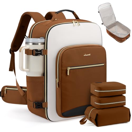 LOVEVOOK 56L Travel Backpack for Women & Men, Airline Approved Carry On Luggage with 3 Packing Cubes, TSA Overnight Bags, Waterproof Personal Item Bag, Weekender Essentials Backpacks fits 17" Laptop - color: Brown-beige-black, size: XX-Large