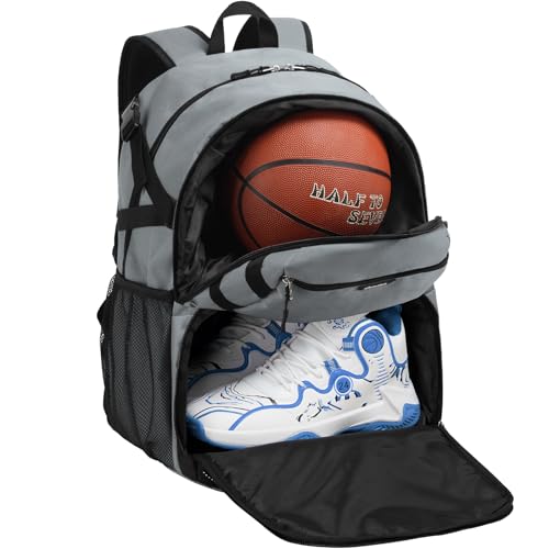Basketball Backpack with Shoe Compartment Large Basketball Bag with Ball Holder for Men Women Gym Backpack fit Volleyball Football for Sports Travel Gym - Grey - color: Grey