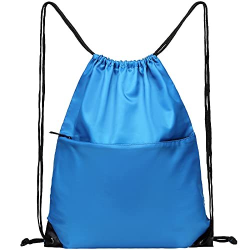 Drawstring Backpack Sports Water Resistant String Bag Sport Gym Sackpack for Women Men Large with Zipper, Neon Blue - color: Neon Blue