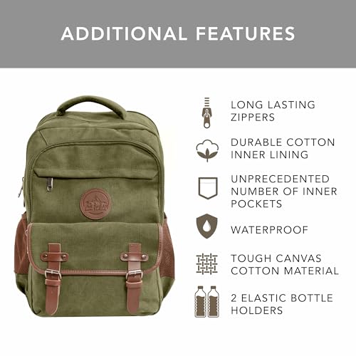 Ama Dablam Premium Original Canvas Backpack/ 17”Laptop/XL-30L/ Many Pockets | Strong Zippers | Thick Cotton | College Travel - color: Sage Green