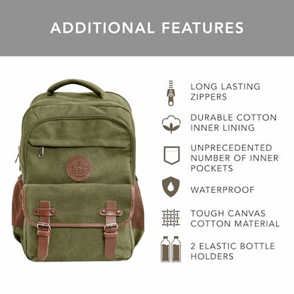 Ama Dablam Premium Original Canvas Backpack/ 17”Laptop/XL-30L/ Many Pockets | Strong Zippers | Thick Cotton | College Travel - color: Sage Green