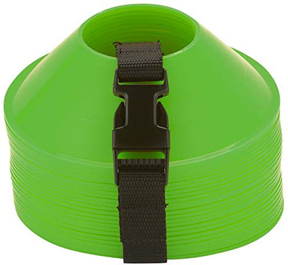 American Challenge Mini Disc Cones – Set of 25 Agility Cones for Sports Training – Compact Soccer Cones with Carry Strap for Drills & Practice - color: Neon Green (25 mini cones)