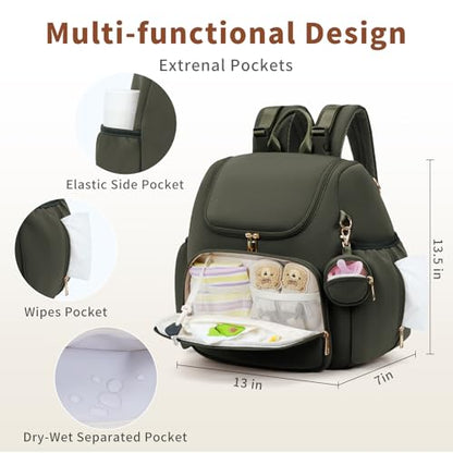 CEI-CEI Neoprene Diaper Bag Backpack Stylish Baby Maternity Bags Travel Tote for Mom with Insulated Pockets, Changing Pad, Stowable Shoulder Strap - color: Dark Green