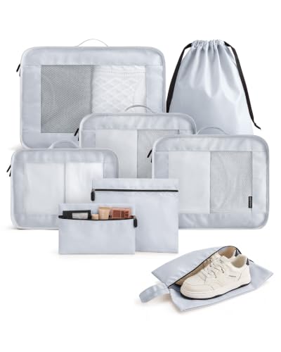 LIGHT FLIGHT 8 Set Packing Cubes for Travel, Durable Travel Essentials for Cruish Ship, Suitcase Organizer Packing Bags (8-Pack 1L+2M+1S+1Shoe bag+2Toiletry Bags+1Laundry Bag) - color: Lunar Mist Grey