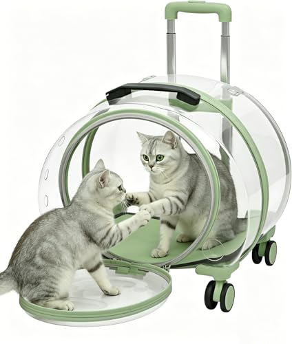 Cat Carrier with Rolling Wheels, Clear Pet Trolley Case Pet Backpack with Multiple Ventilation Holes for Cats and Dogs, Green - color: Green Cat Carrier