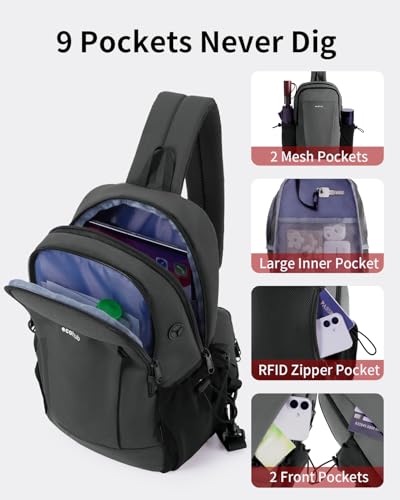 ECOHUB Anti-Theft Crossbody Bag Men Women, RFID Blocking Lightweight Sling Backpack Eco-Friendly with 9 Pockets Sturdy SBS Zippers Water Resistant for Travel Work Hiking Outdoor, Grey - color: Grey