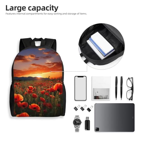 Nice Butterfly Backpack Lightweight Laptop Bag Waterproof Shoulder Bags Travel Hiking Casual Daypack For Men Women - color: Red Poppy Flower Field in Sunset