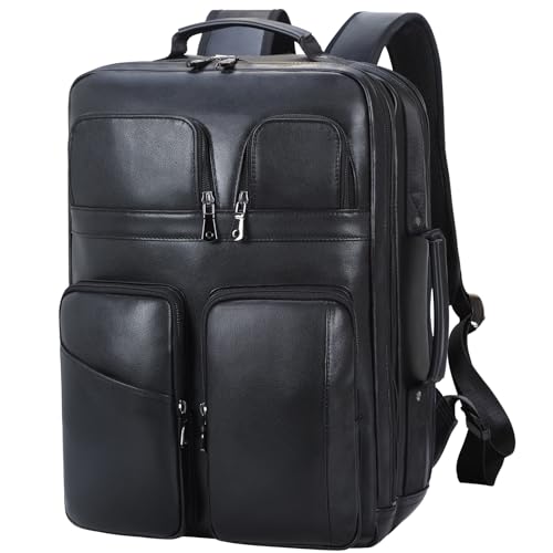 TIDING 17.3" Leather Laptop Backpack for Men Multi Pockets Casual Daypack Business Travel Rucksack, Black - color: Black