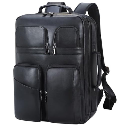 TIDING 17.3" Leather Laptop Backpack for Men Multi Pockets Casual Daypack Business Travel Rucksack, Black - color: Black