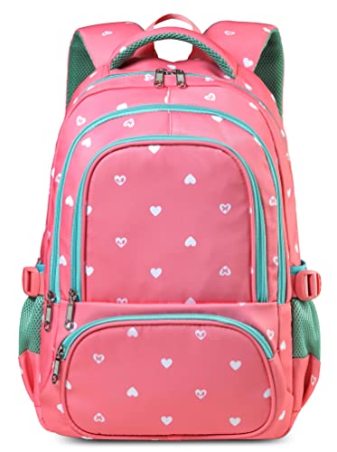 BLUEFAIRY Lightweight Water Resistant Backpack for Girls, Pink, 5-9 Years, Laptop Compartment, Adjustable Shoulder Straps, Breathable Mesh - color: Pink/Teal