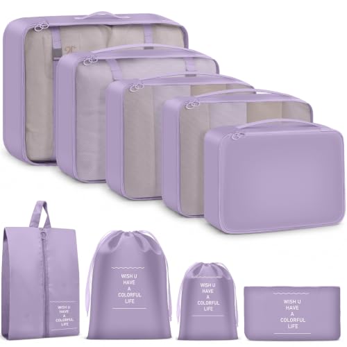 9 Set Packing Cubes for Travel Essentials - Lightweight Carry-On Luggage Organizer Bags with Shoe, Clothes & Laundry Bags for Airplane, Family & Business Travel, Light purple - color: Light purple