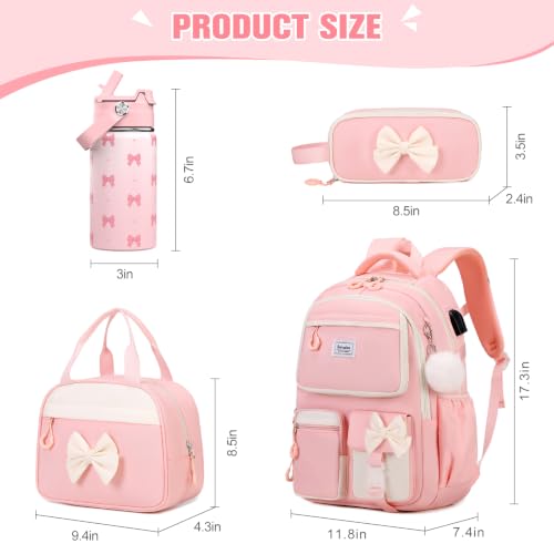 Bevalsa Backpack for Girls, Bow Bookpack with 14oz Insulated Water Bottle, Lunch Bag & Pen Case, Schoolbag for Kids & BPA-FREE Stainless Steel Metal Cup for Elementary Middle Student (Pink) - color: Pink