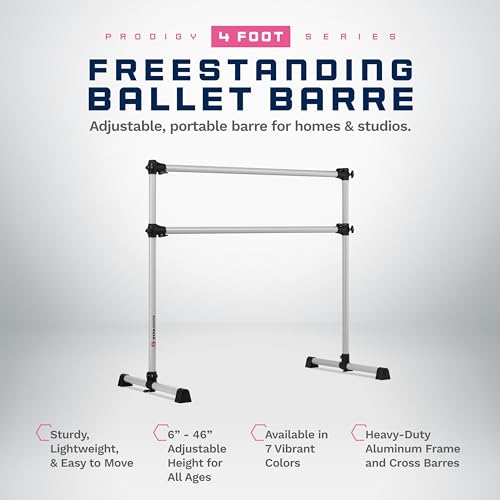VITA Barre Portable Freestanding Double Ballet Barre, Prodigy, Aluminum | Adjustable Height, USA Made, Home or Gym Exercise Equipment for Kids & Adults | Dance, Fitness, Pilates - color: Satin Silver, style: 4 Ft