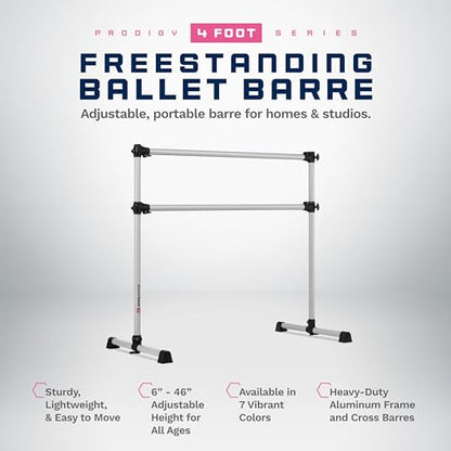 VITA Barre Portable Freestanding Double Ballet Barre, Prodigy, Aluminum | Adjustable Height, USA Made, Home or Gym Exercise Equipment for Kids & Adults | Dance, Fitness, Pilates - color: Satin Silver, style: 4 Ft