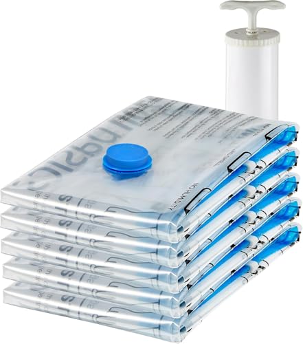 Amazon Basics Vacuum Storage Bags for Clothes, Compression Zipper with Hand Pump, Medium, White, Sky Blue, 5-Pack - size: Medium