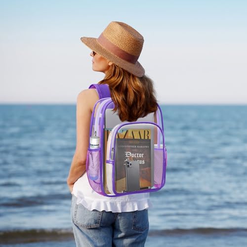 HEEYA Clear Backpack Heavy Duty Transparent Backpack for Security, Sports, Work, Travel, Stadium - color: Purple
