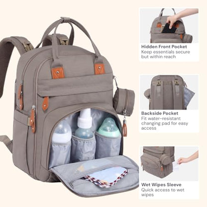 BabbleRoo Diaper Bag Backpack - Baby Essentials Travel Tote - Multi Function Water Resistant Diaper Bag, Travel Essentials Baby Bag with Changing Pad, Stroller Straps & Pacifier Case - Unisex, Khaki - color: Khaki, size: Large