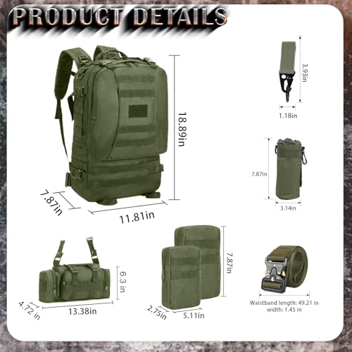 60L Tactical Backpack Military 3-Day Assault Pack, Waterproof Molle System Rucksack with Detachable Bag, Survival Bug Out Backpack for Men & Women(ArmyGreen) - color: Army Green