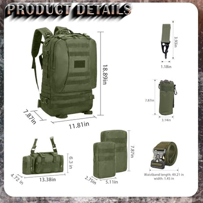 60L Tactical Backpack Military 3-Day Assault Pack, Waterproof Molle System Rucksack with Detachable Bag, Survival Bug Out Backpack for Men & Women(ArmyGreen) - color: Army Green