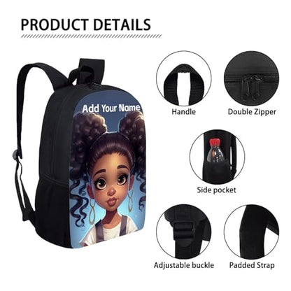African Black Backpack for School Girls 3Rd Grade/4Th Grade Afro Girl Bookbag for Kids 8-12/6-8 Custom Name Book Bag Student Personalized School Bag with Water Bottle Holder - color: African Black Girl-10