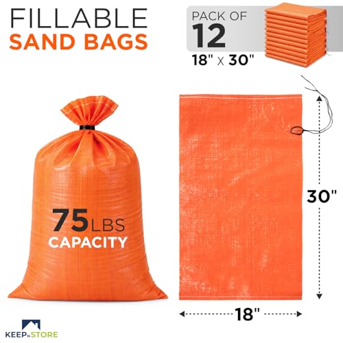 Heavy Duty Sand Bags Pack of 12, Bright Orange Empty Sandbags with Built-In Ties, Woven Polypropylene UV Protection 1600 Hours, Fillable Bags for Flood Control, Weight, 18x30 inches, 75 Pounds Volume - size: 18"W x 30"L, style: Pack of 12
