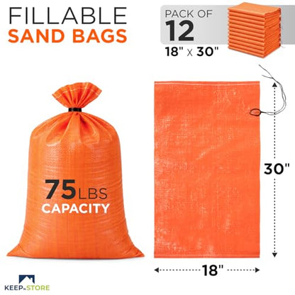 Heavy Duty Sand Bags Pack of 12, Bright Orange Empty Sandbags with Built-In Ties, Woven Polypropylene UV Protection 1600 Hours, Fillable Bags for Flood Control, Weight, 18x30 inches, 75 Pounds Volume - size: 18"W x 30"L, style: Pack of 12
