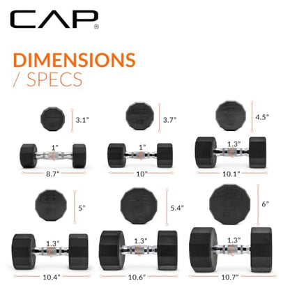 CAP Rubber Coated Hex Dumbbell Set with Storage Rack | 100–210 lb Options, Space-Saving Vertical Compact Storage for Home Gym Strength Training - size: 210 lb - Set - Black Rack, style: 12-Sided Chrome Handle