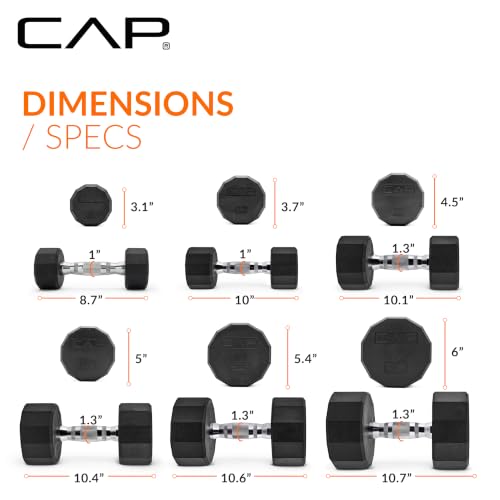CAP Rubber Coated Hex Dumbbell Set with Storage Rack | 100–210 lb Options, Space-Saving Vertical Compact Storage for Home Gym Strength Training - size: 210 lb - Set - Silver Rack, style: 12-Sided Chrome Handle