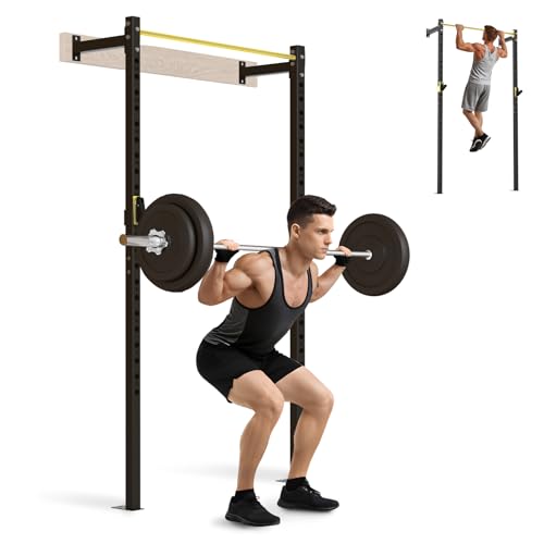 SPORTSOUL Wall Mounted Power Cage, 900lbs Squat Rack with Pull Up Bar for Home Gym, Space-Saving 2"x2" Pull-Up Station with Adjustable J-Hooks for Garage & Apartment - color: Yellow