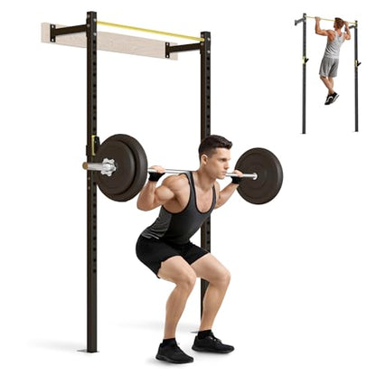 SPORTSOUL Wall Mounted Power Cage, 900lbs Squat Rack with Pull Up Bar for Home Gym, Space-Saving 2"x2" Pull-Up Station with Adjustable J-Hooks for Garage & Apartment - color: Yellow