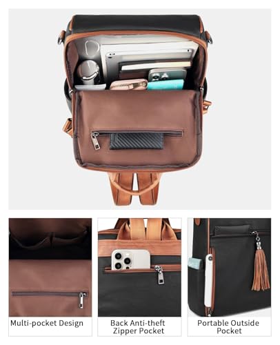 FADEON Leather Backpack Purse for Women Designer Travel Backpack Purses PU Fashion Ladies Shoulder Bag with Tassel - color: 1 Retro Black With Brown