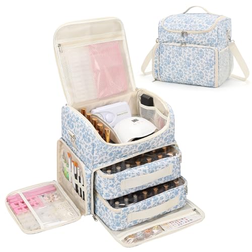 CUBETASTIC Extra Large Nail Polish Organizer Case Holds 86 to 100+ Bottles Nail Polish & Nail Lamp, Nail Supplies Storage Carrying Bag with 2 Removable Pouches (Blue Floral, 86 Slots) - color: Blue Floral