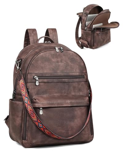 FADEON 15.6 Inch Laptop Backpack Purse for Women, Large Capacity | Vegan Leather Backpack with Padded Straps, Laptop & iPad Slots Fits 13", 14" & 15.6". Roomy for Daily, Work & Travel - color: Coffee Brown Retro Style