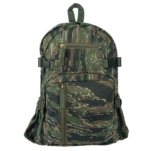 Rothco Vintage Canvas Compact Backpack, Small Cotton Canvas Daypack with Multi Pockets, Adjustable Straps, Mini Travel Bag (Tiger Stripe Camo) - color: Tiger Stripe Camo, size: One Size
