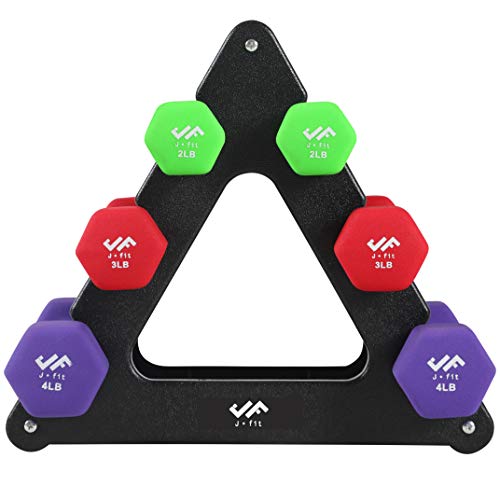 JFIT Dumbbell Pairs or Sets – Neoprene & Vinyl Coated Hand Weights for Home Gym, Strength Training, Aerobics, Cardio Exercise and Fitness - size: 18 lbs (Set), style: Dumbbell Set with Rack