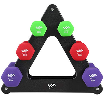JFIT Dumbbell Pairs or Sets – Neoprene & Vinyl Coated Hand Weights for Home Gym, Strength Training, Aerobics, Cardio Exercise and Fitness - size: 18 lbs (Set), style: Dumbbell Set with Rack