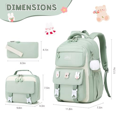 DIGOBAY 3PCS Girls Backpack for School, Green Large Kids Backpack for Girls with Lunch Box Pencil Case Set for Teen Girl Elementary Primary Middle High College School Bookbag with Cute Pins - color: Green