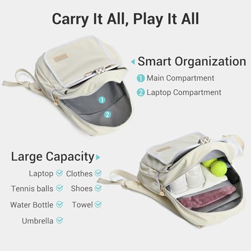Tennis Bag for Women Girl, Stylish Quilted Tennis Pickleball Racket Backpack Wet Pocket, Women Weekend Bag for Travel - color: Beige