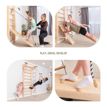 Swedish Ladder Wall Bars with Pull-Up Bar for Kids & Adults – Wooden Stall Bars Home Gym with Gymnastic Rings, Slide, Swing, Climbing Rope & Rope Ladder
